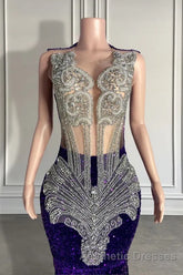 Sequined Sleeveless Mermaid Evening Prom Dresses with Beadings